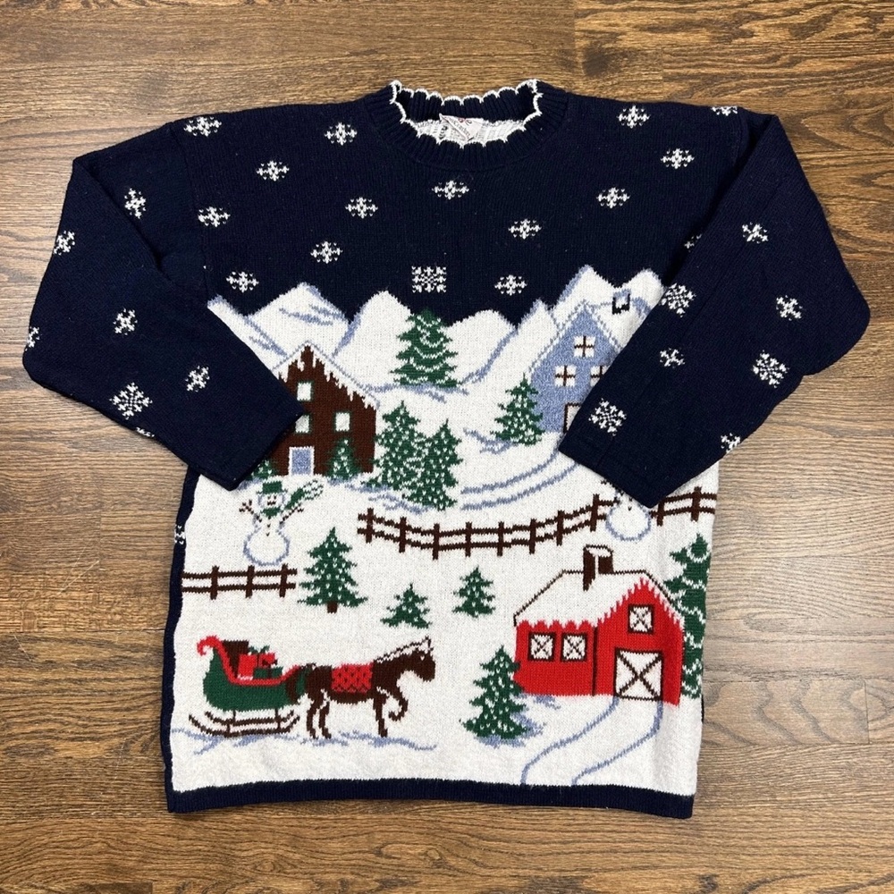 Vintage NutCracker Sweater Womens Medium Navy Blue Christmas Winter Village